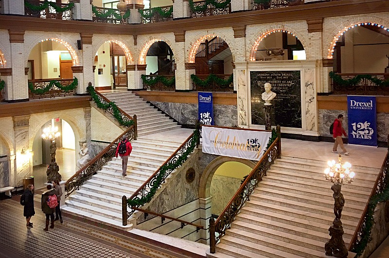 Drexel's Main Building is already decorated for the holidays and the 125th anniversary celebration.